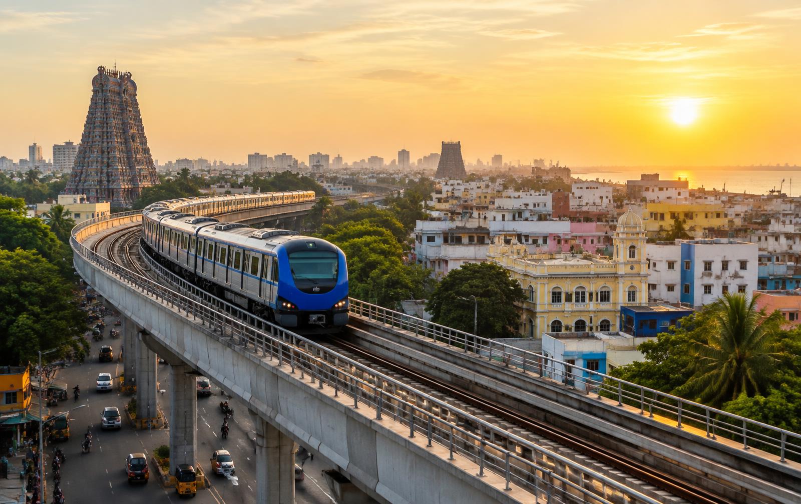 A Chennai Metro train crossing the city at sunrise