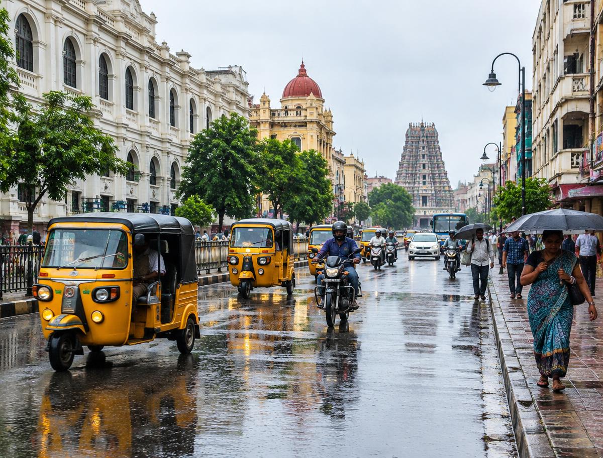 Chennai traffic moving through a rain-washed street